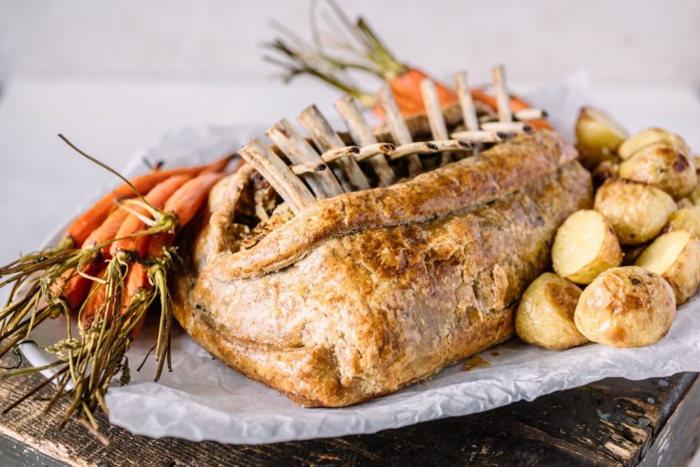 Pastry-Wrapped Rack of Lamb with Lemon, Herb and Pine Nut Stuffing